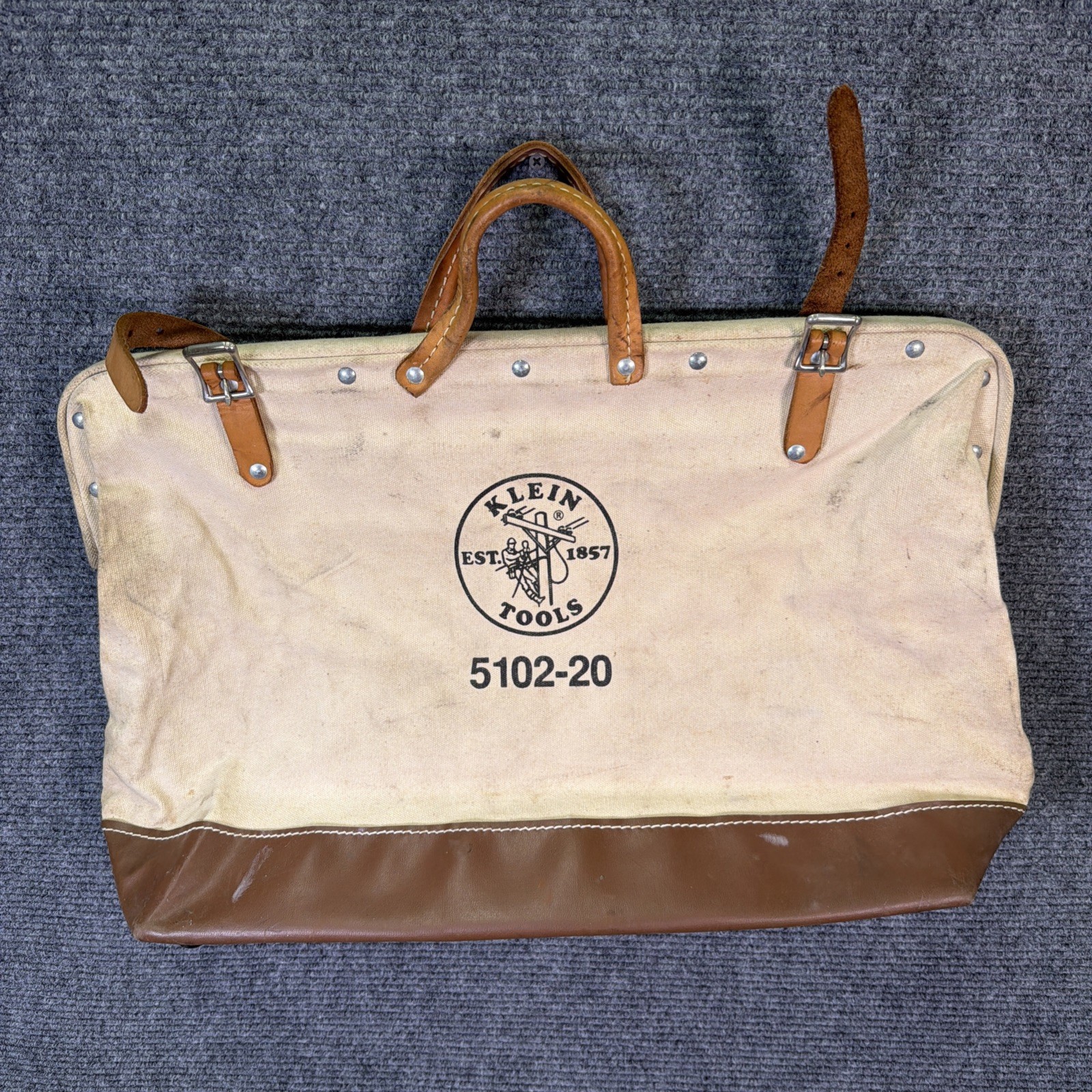 Vintage Klein Tools Bag 5102-20 Heavy Canvas Leather Lineman Storage Tote USA