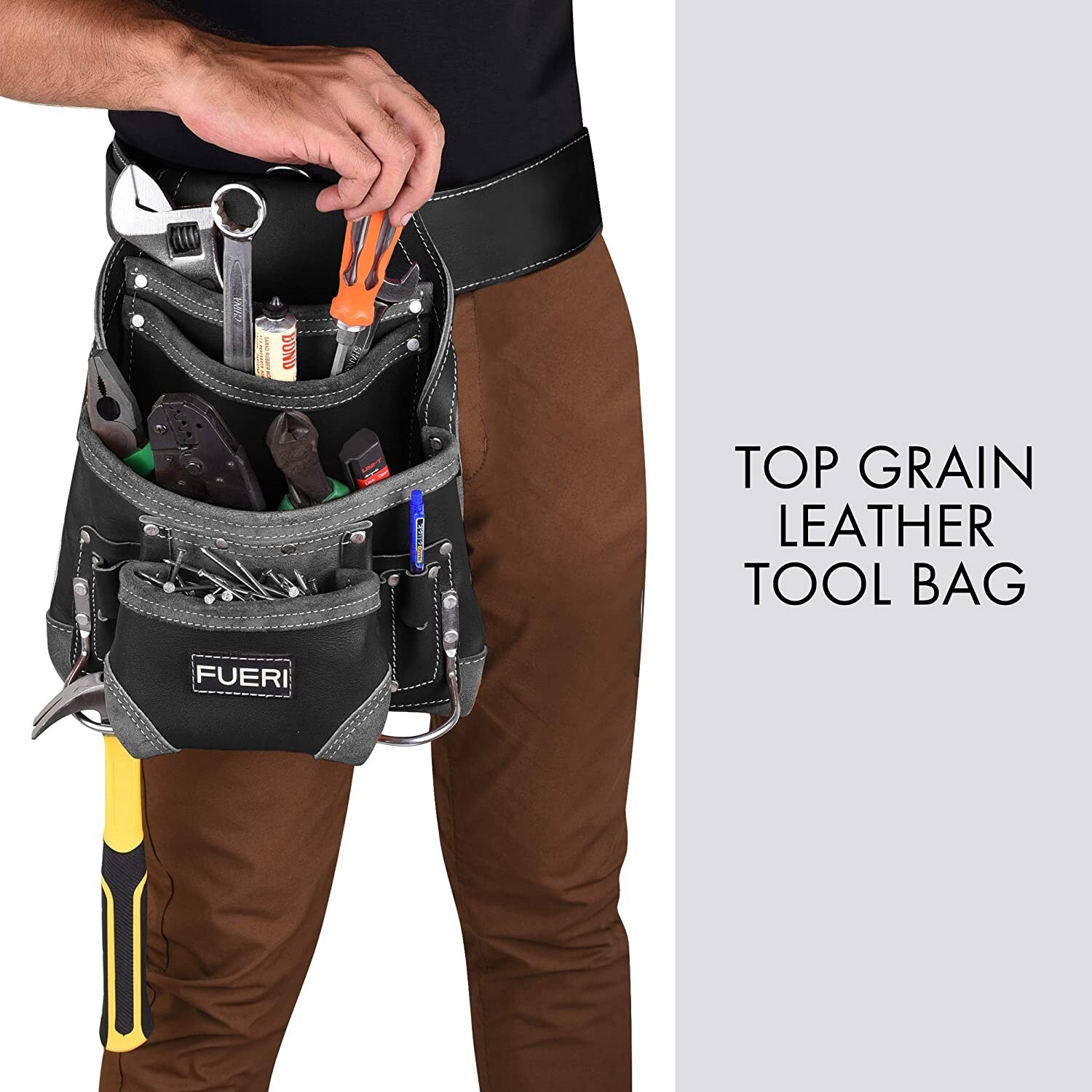 Leather Tool Pouch for Carpenters 10 Pocket Framers Electrician Belt Nail Bag