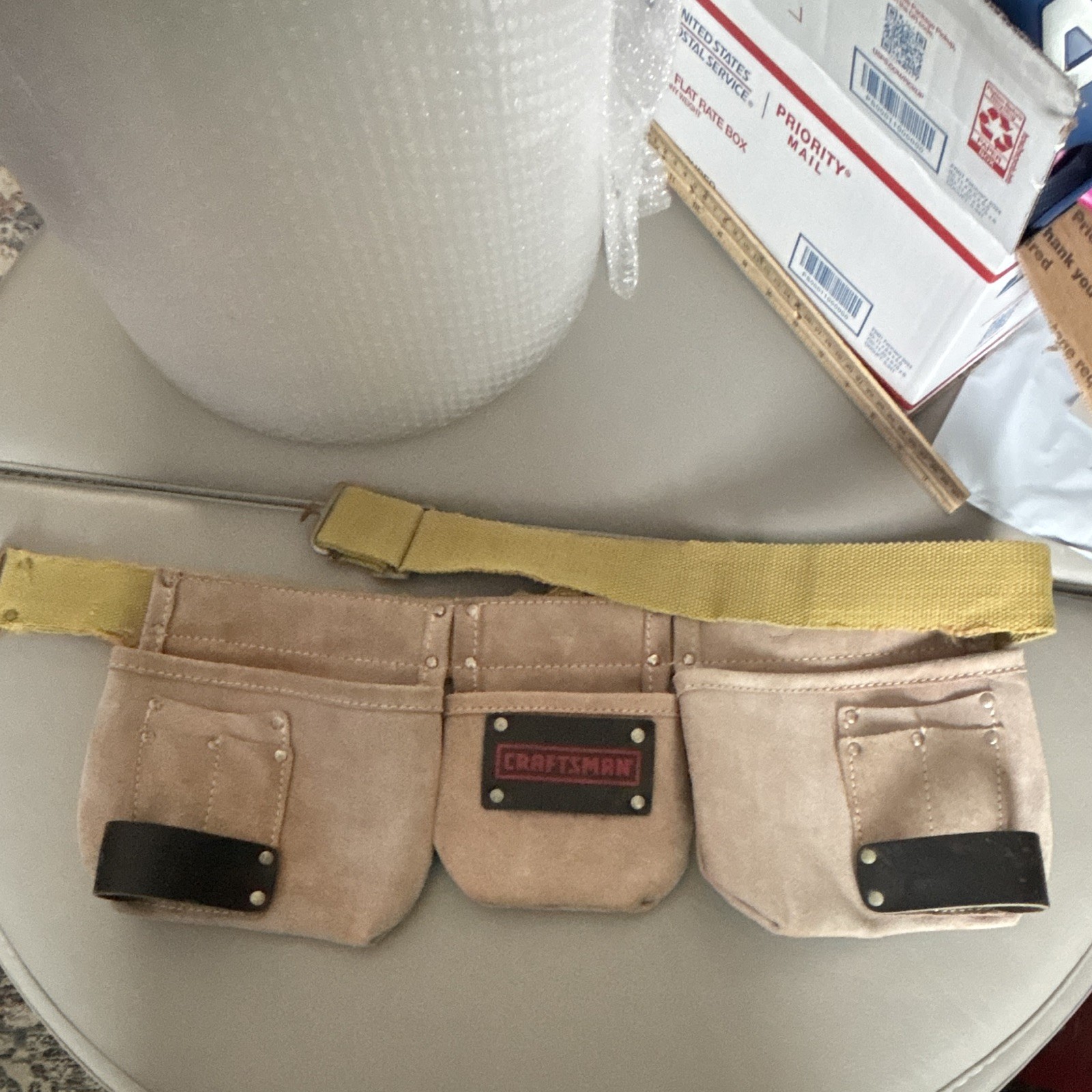 Craftsman Leather Tool Belt Multi Pocket Pouch, Adjustable, Beige/Yellow