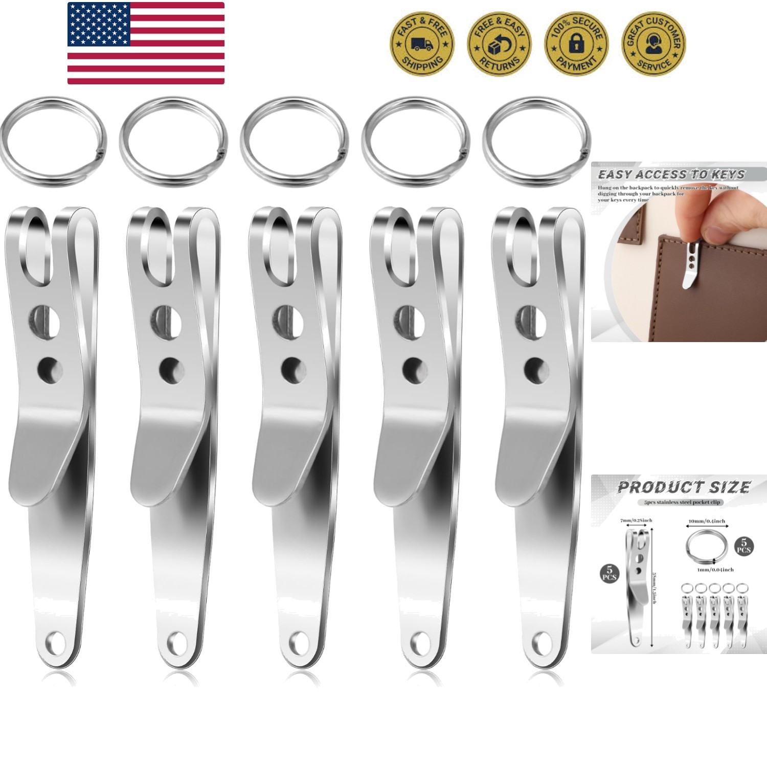 5 Pack Deep Carry Pocket Clip with Keychain, Heavy Duty Stainless Steel Belt …