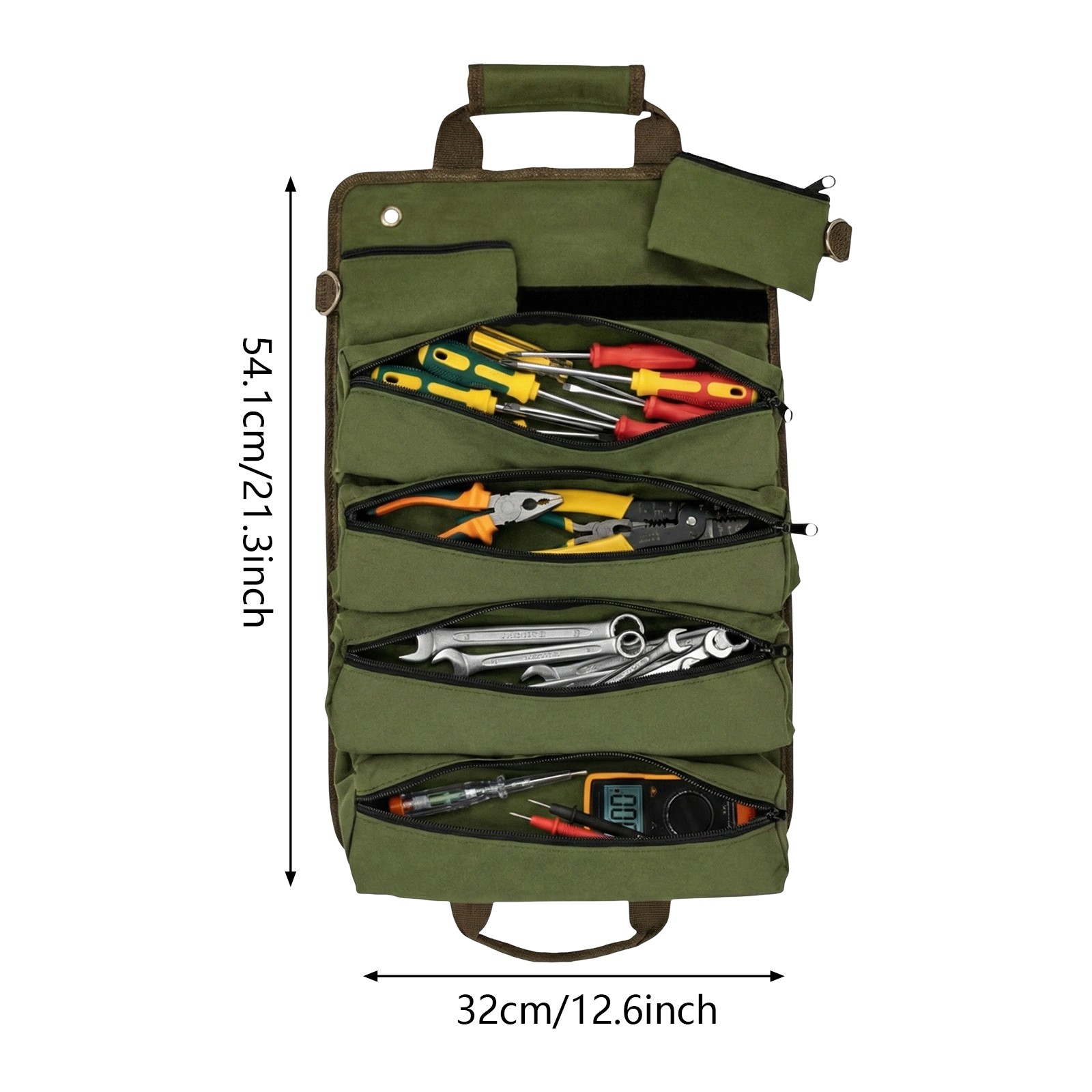 Heavy Duty Foldable Roll Up Tool Bag with 4 Compartments & 2 Detachable Pouches