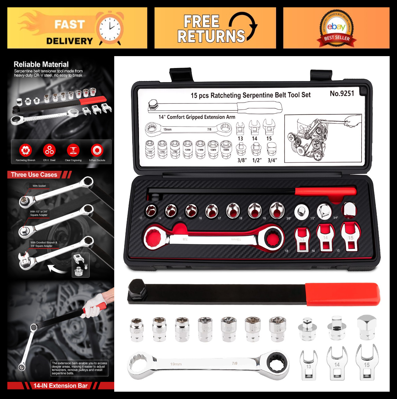 15PCS Serpentine Belt Tool Kit – CR-V Alloy Steel, Ratcheting Tensioner, Wrenche