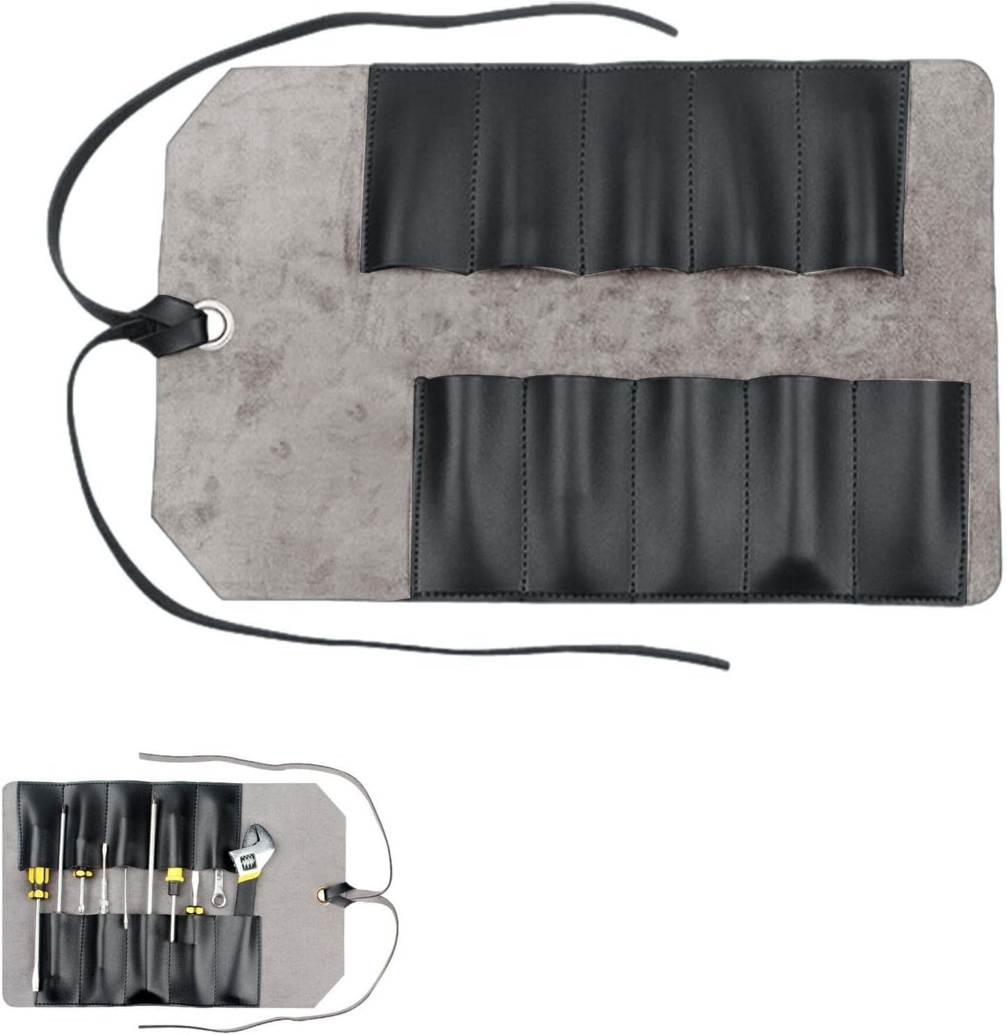 Full Grain Leather Tool Roll Up Bag 10 Slots Organizer for Chisels & Wrenches