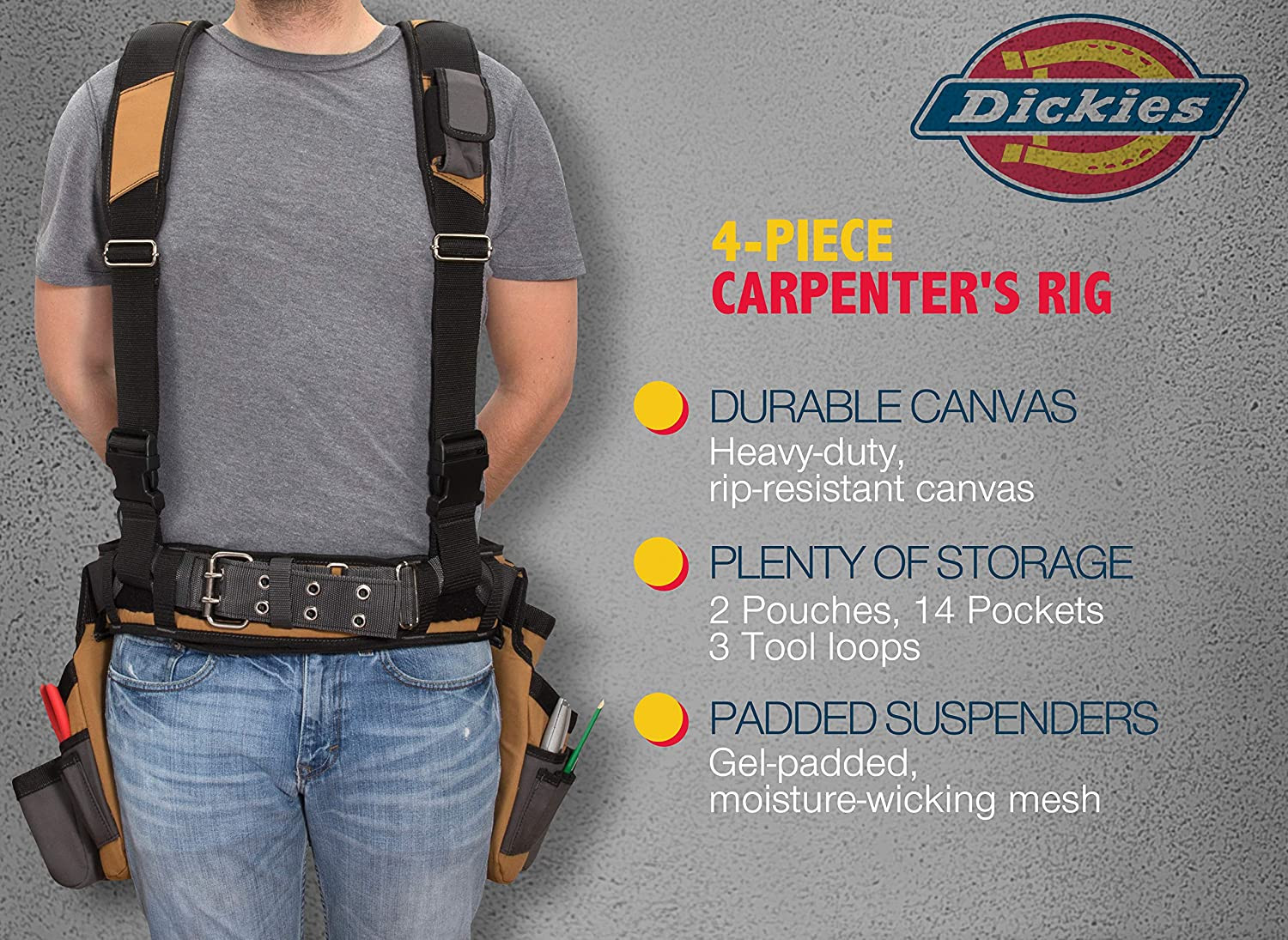 4-Piece Carpenter’S Rig, Padded Tool Belt Suspenders, Cooling Mesh, Leather Tool