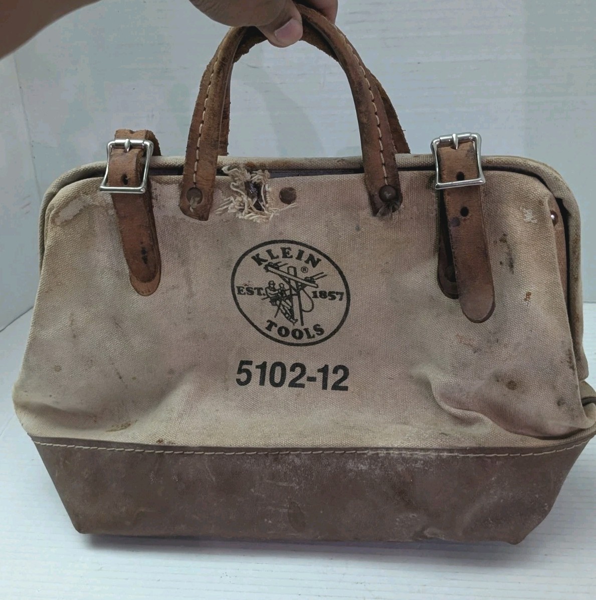Vintage Klein Tools Heavy Duty Tool Bag Canvas 5102-12 Wide Hinged Well Loved
