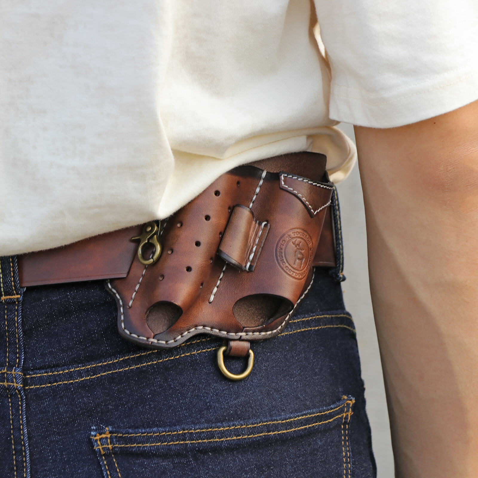 TOURBON Leather EDC Multitool Pouch Flashlight Holder Knife Belt Holster Camping