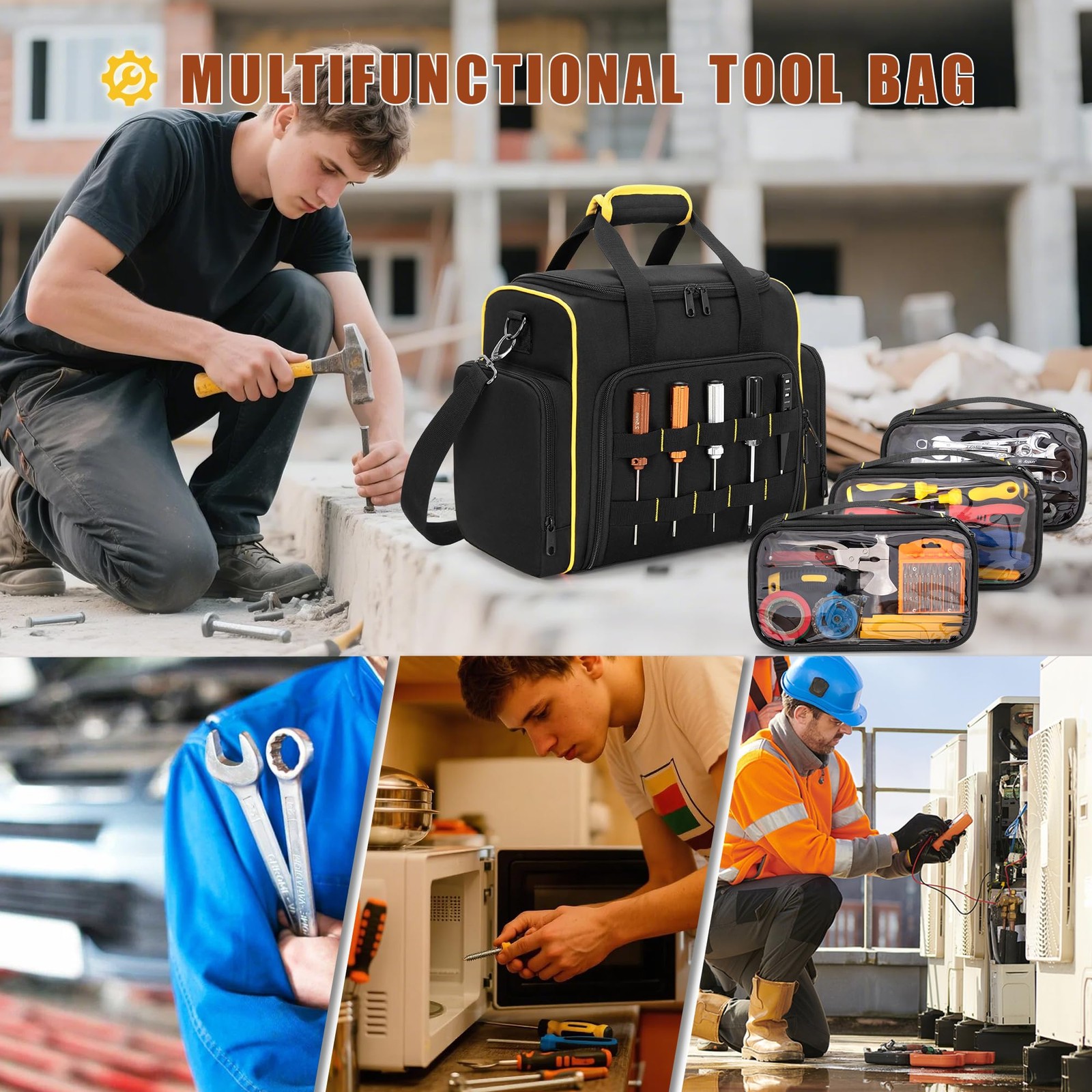 Tool Bag With 3 Removable Cases 2 Layers Tote Hand Tool Storage Organizer Bag