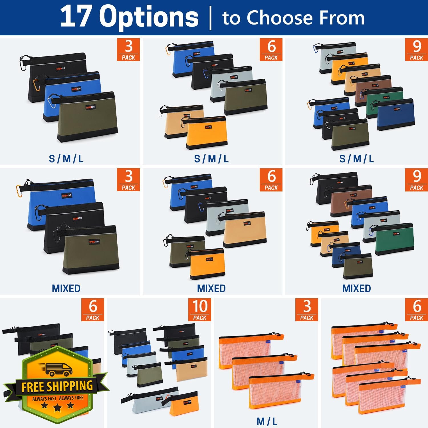 WISEPRO 6PC Tool Pouch Set Khaki Gray Orange Blue Black Army Green