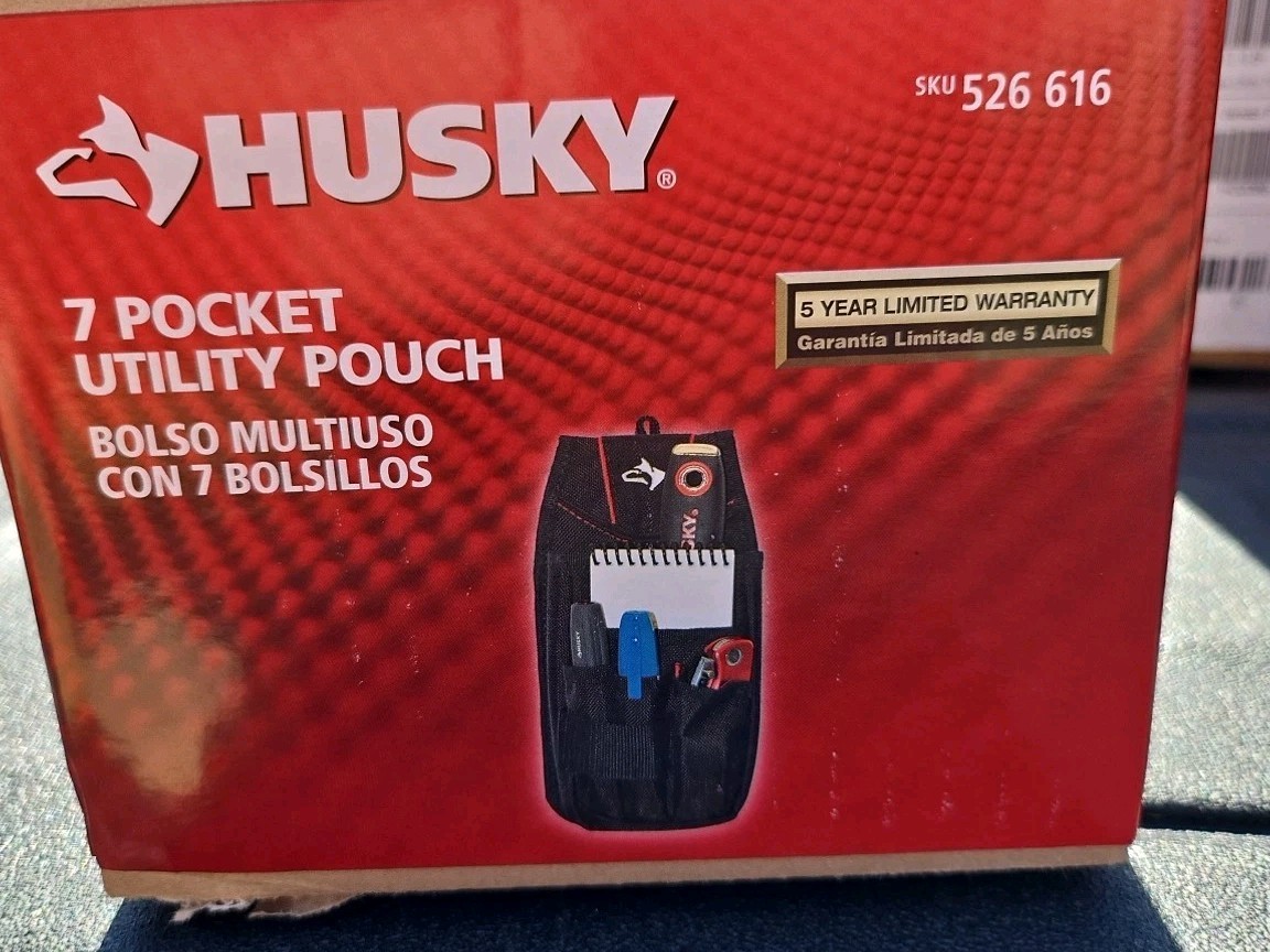 Husky 7 Heavy Duty Interior Storage Pocket Black Utility Tool Belt Pouch -2 Pk