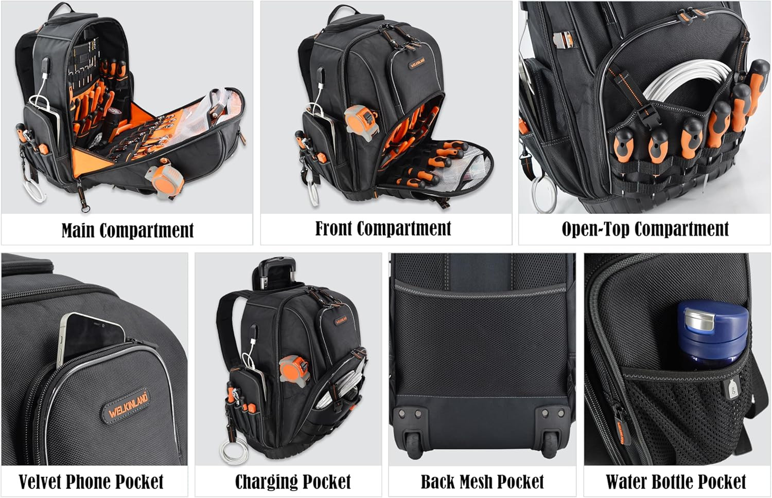 72Pockets Rolling Tool Backpack, Large Tool Bag with Wheels, Rolling Electrician