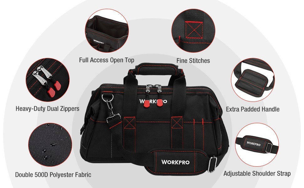 16-inch Zipper Workshop Tool Bag Wide Mouth Heavy Duty Storage Shoulder Strap…