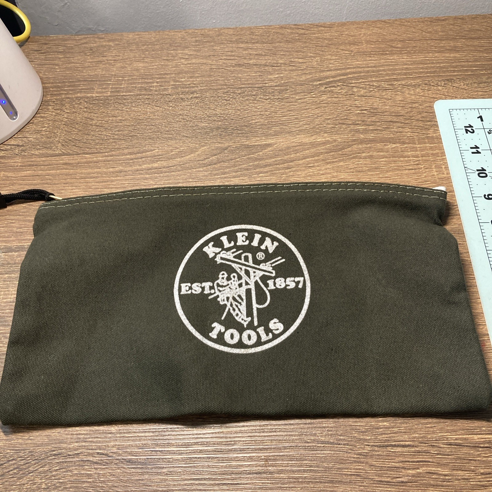 Klein Tools Brass Zipper Close Canvas Tool Pouch Olive/White 12”x7”