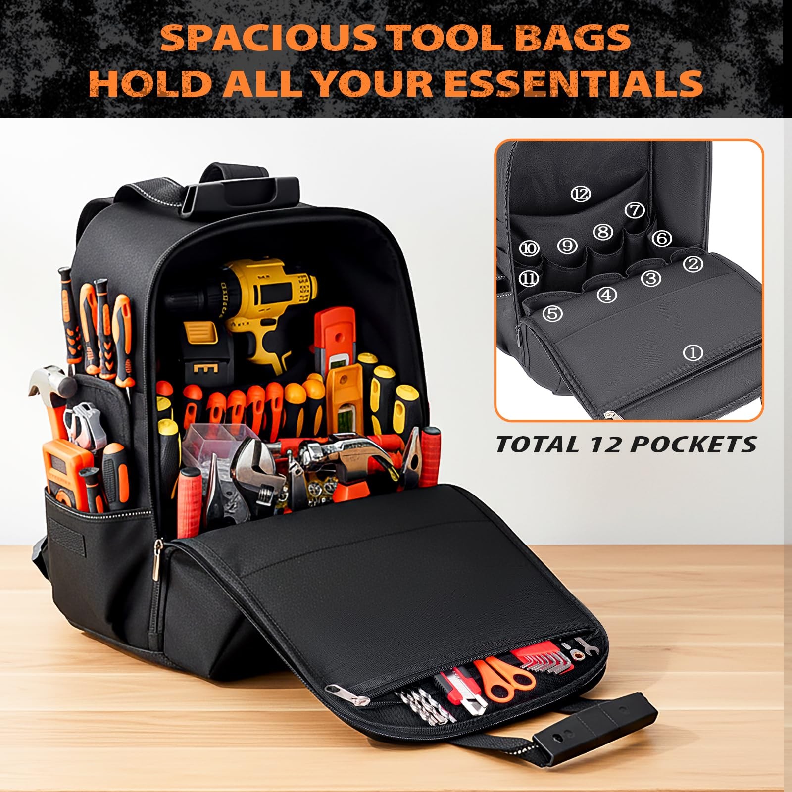 Jjring Tool Bag Backpack For Men With 18 18L x 12H x 9.4W inch, Orange