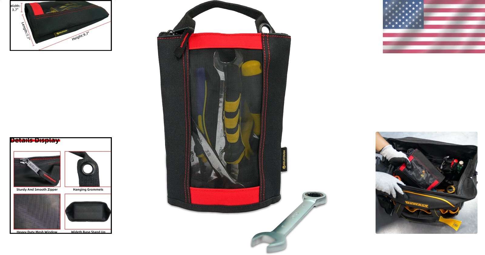 Red Canvas Tool Bag, Heavy Duty Zipper Pouch, Mesh Window, Hanging Grommet St…