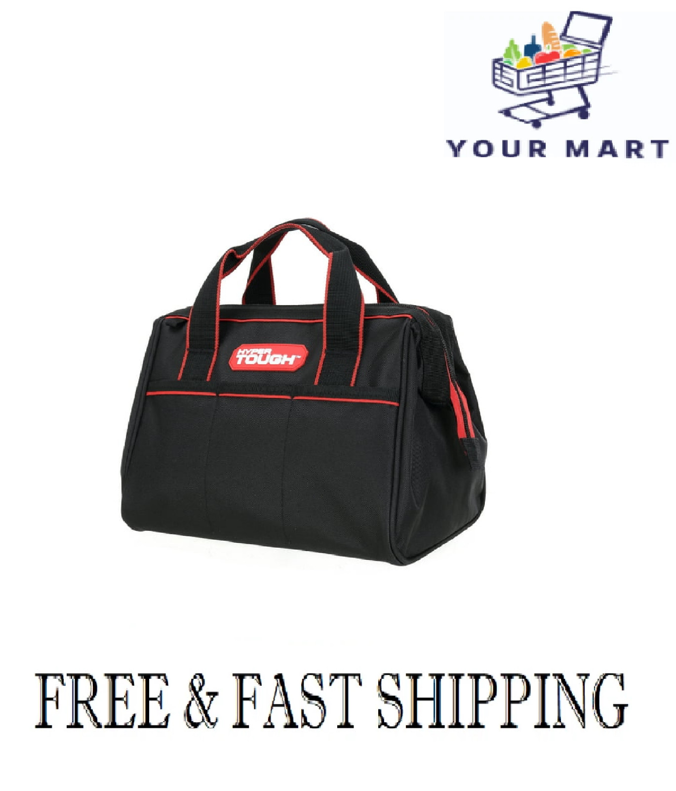 Hyper Tough 12-Inch Polyester Tool Bag, with Full-Length Zipper and Double Strap