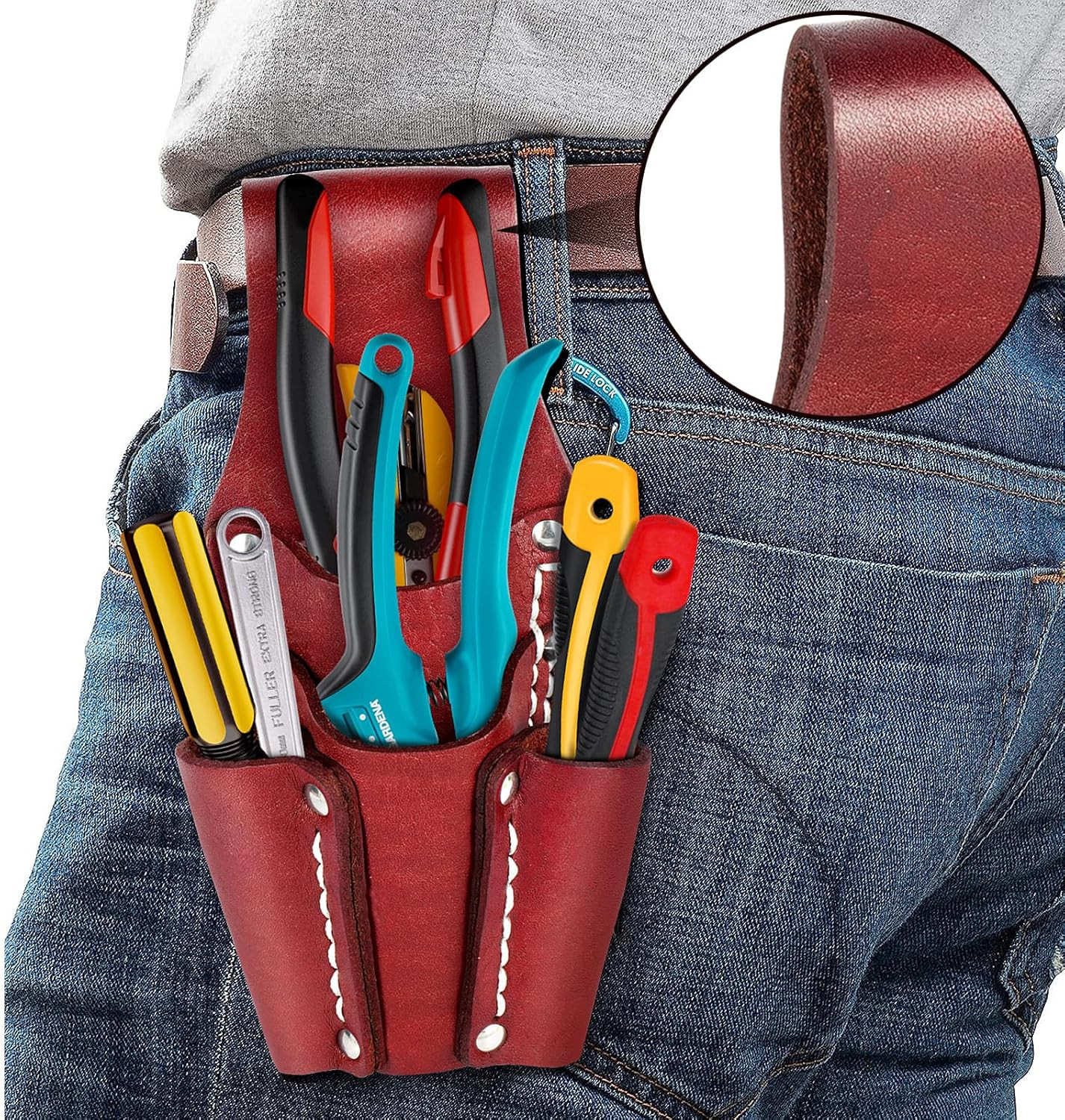 Leather Tool Pouch, Leather Electrician Tool Pouch with 4 Pockets, Heavy Duty…
