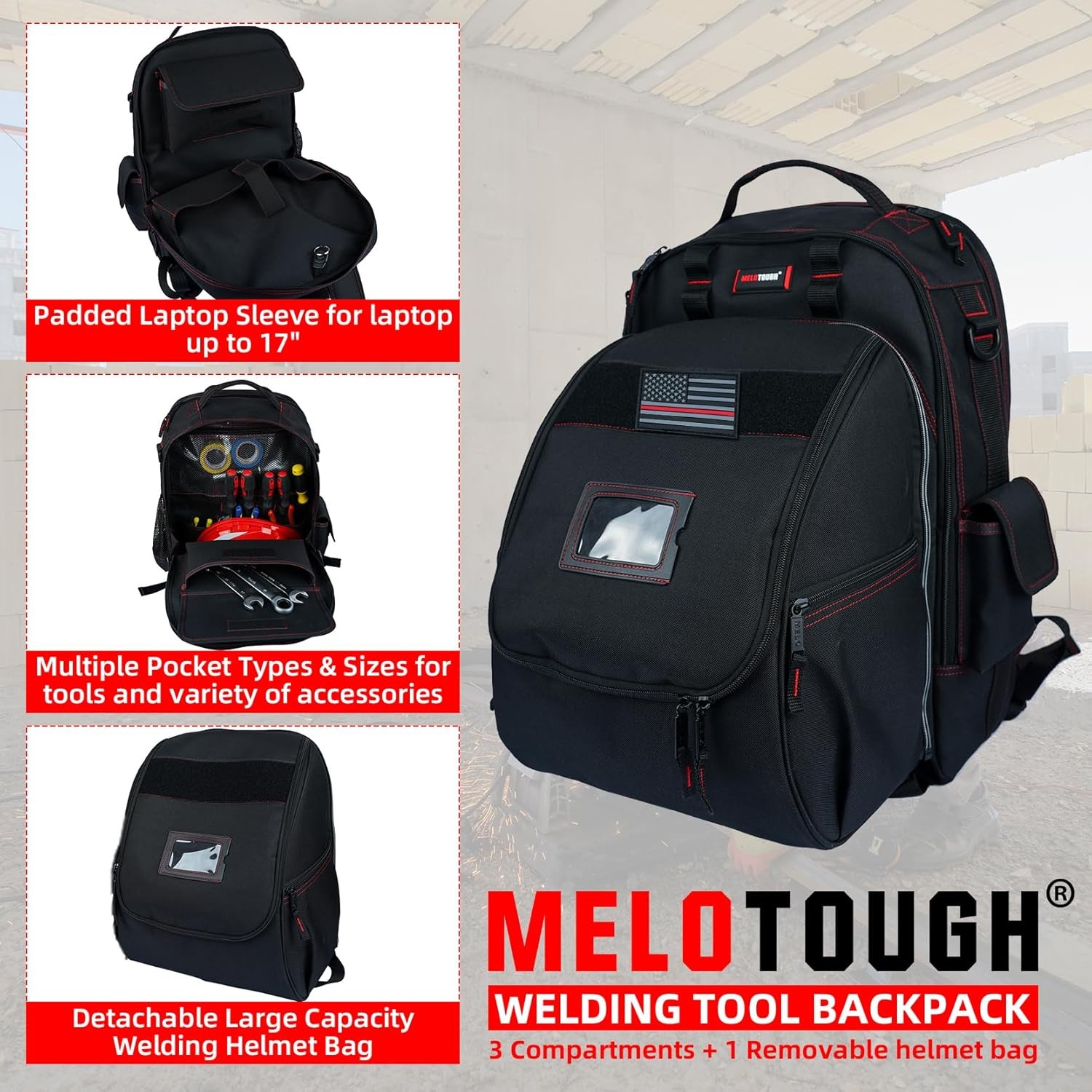 MELOTOUGH Welding Tool backpack for Tools and Regular, Black Backpack