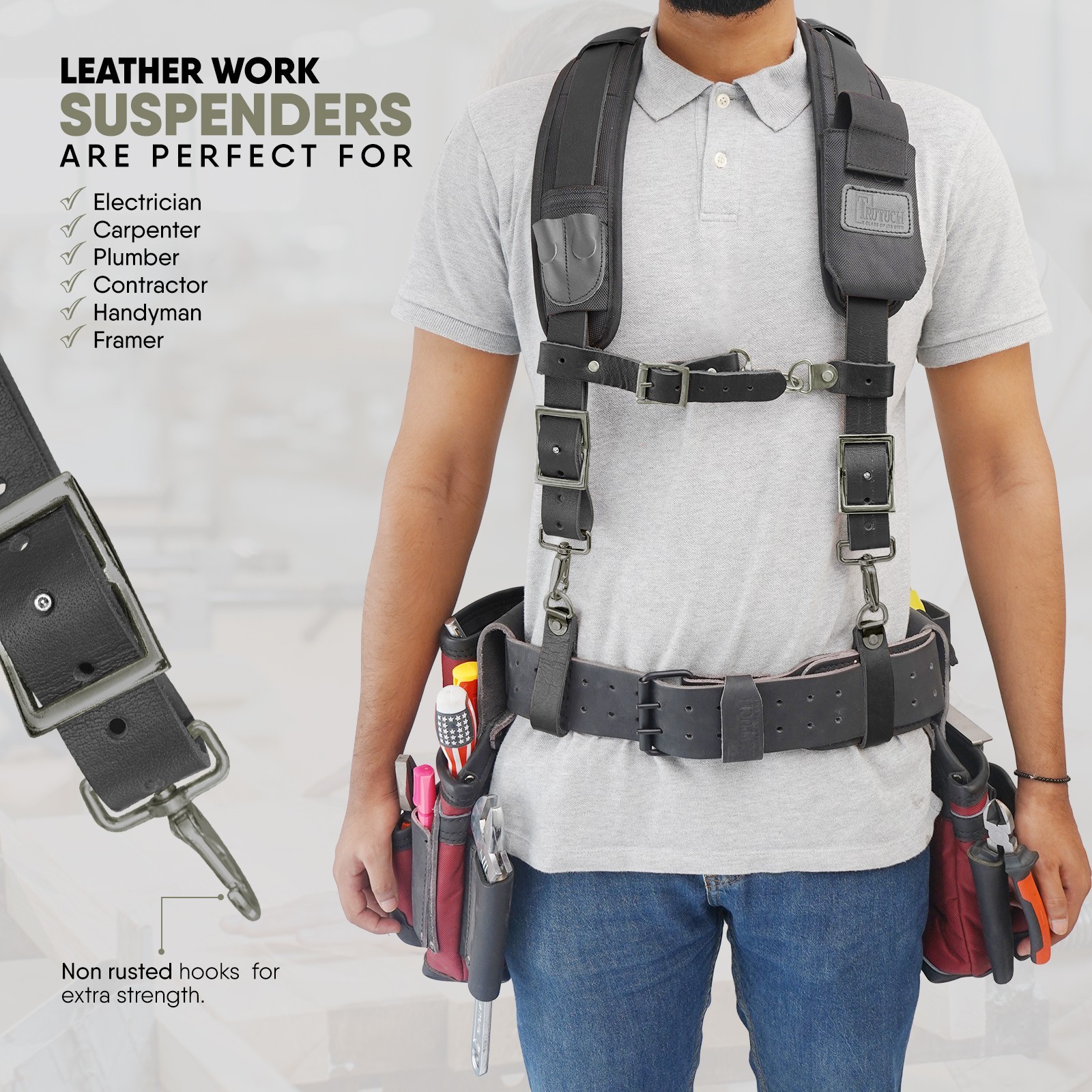 Trutuch Black Leather Tool Belt with Suspender | 18 Pockets | Framers Tool Belt