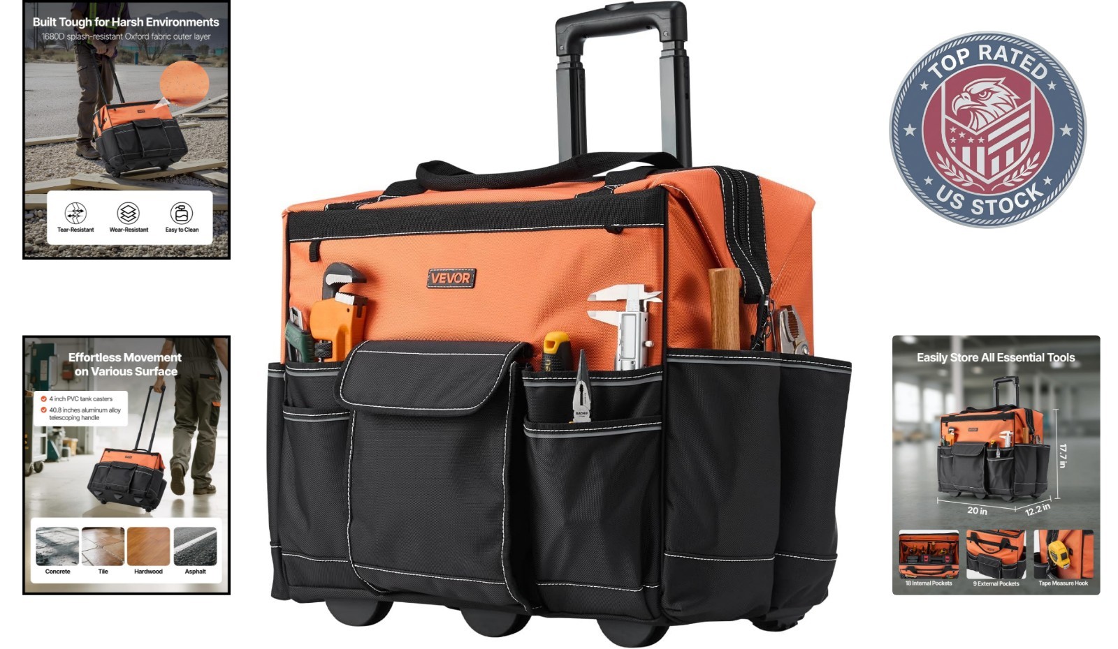 Heavy Duty 20″ Tool Bag on Wheels: 110 lbs Load, 27 Pocket Organizer