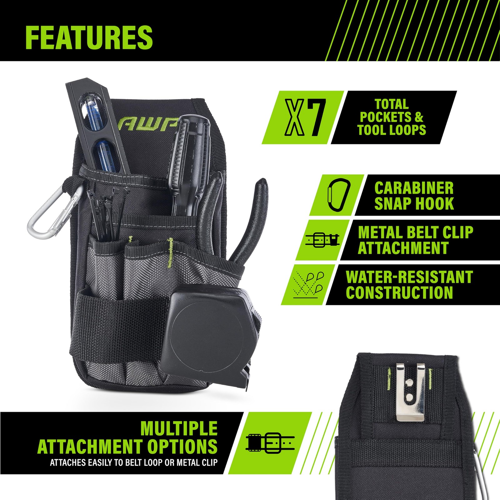 AWP Premium Tool Pouch Organizer with 7 Pockets for Electricians and Craftsmen