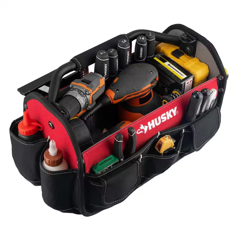 Husky Tool Bag 17 in 18 Pocket Open Top Padded Handle Weatherproof Polypropylene
