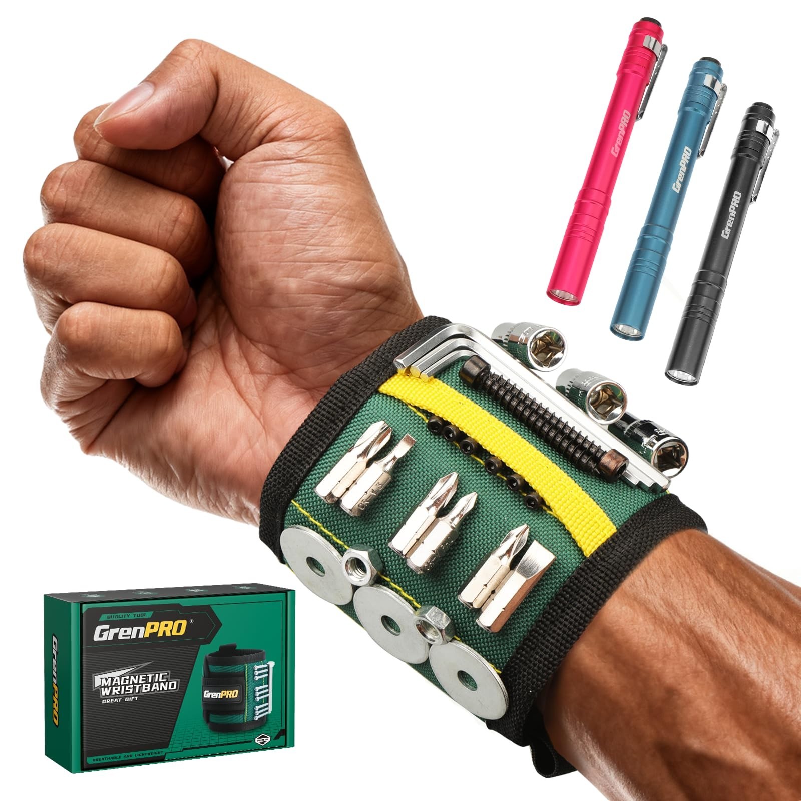 Magnetic Tool Wristband with 3 LED Flashlights – Heavy Duty Oxford Belt for Scre