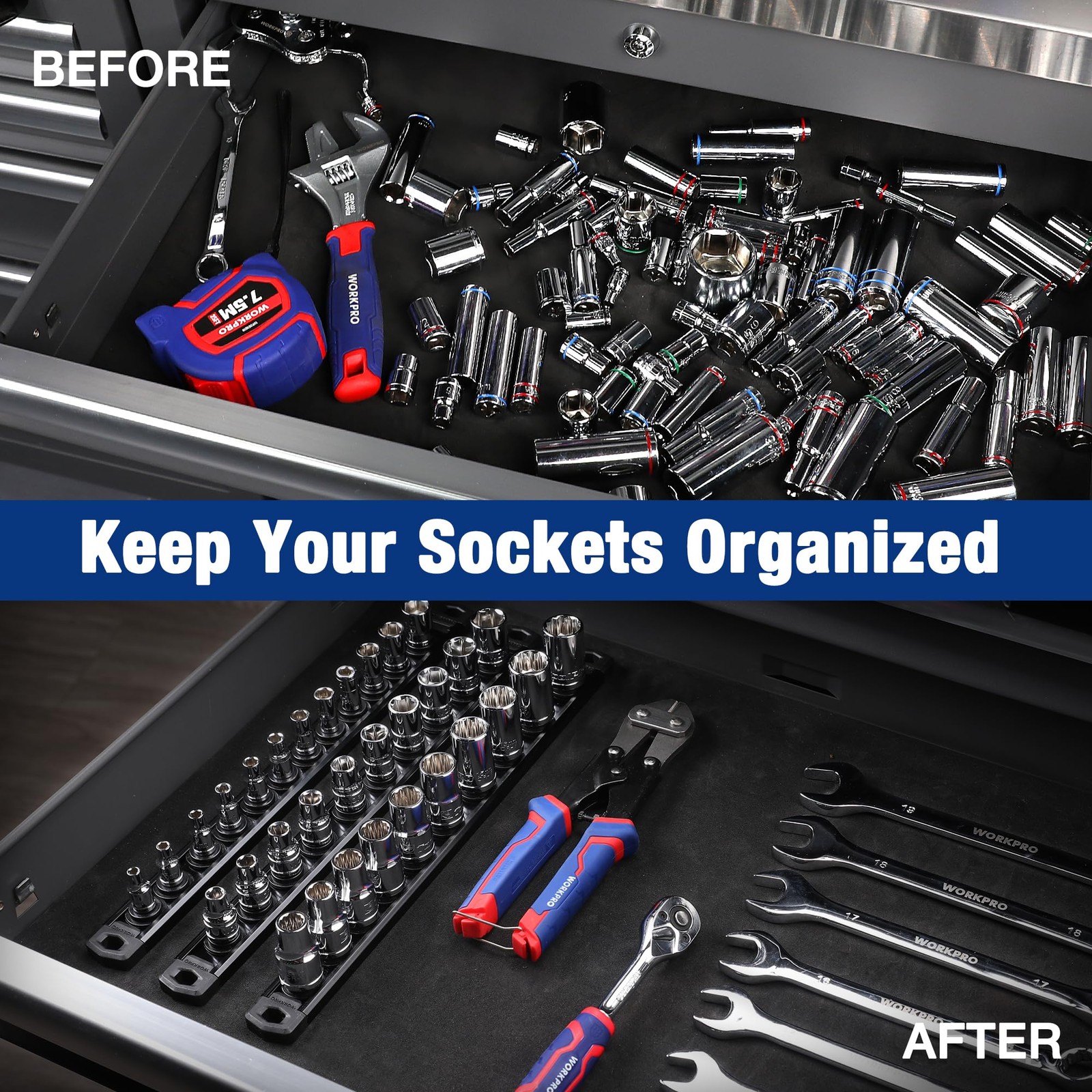 WORKPRO Magnetic Socket Organizer, 3/8-Inch Drive Aluminum 3/8″ DR, Black