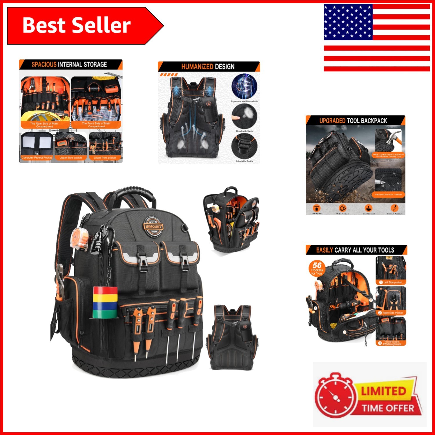 Durable 56-Pocket Tool Backpack with Molded Base and Combination Lock – Black