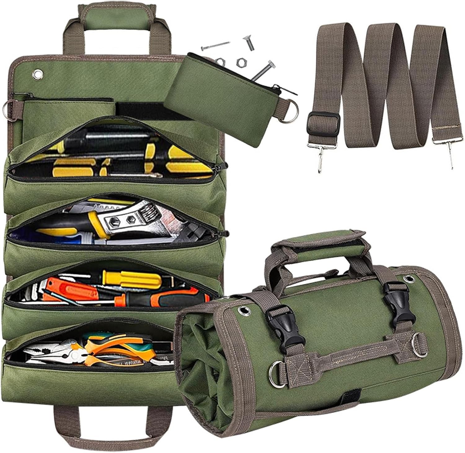 Roll Up Tool Bag Heavy Duty Tool Roll Up Bag 4 Pockets w/Detachable Tool Pouches