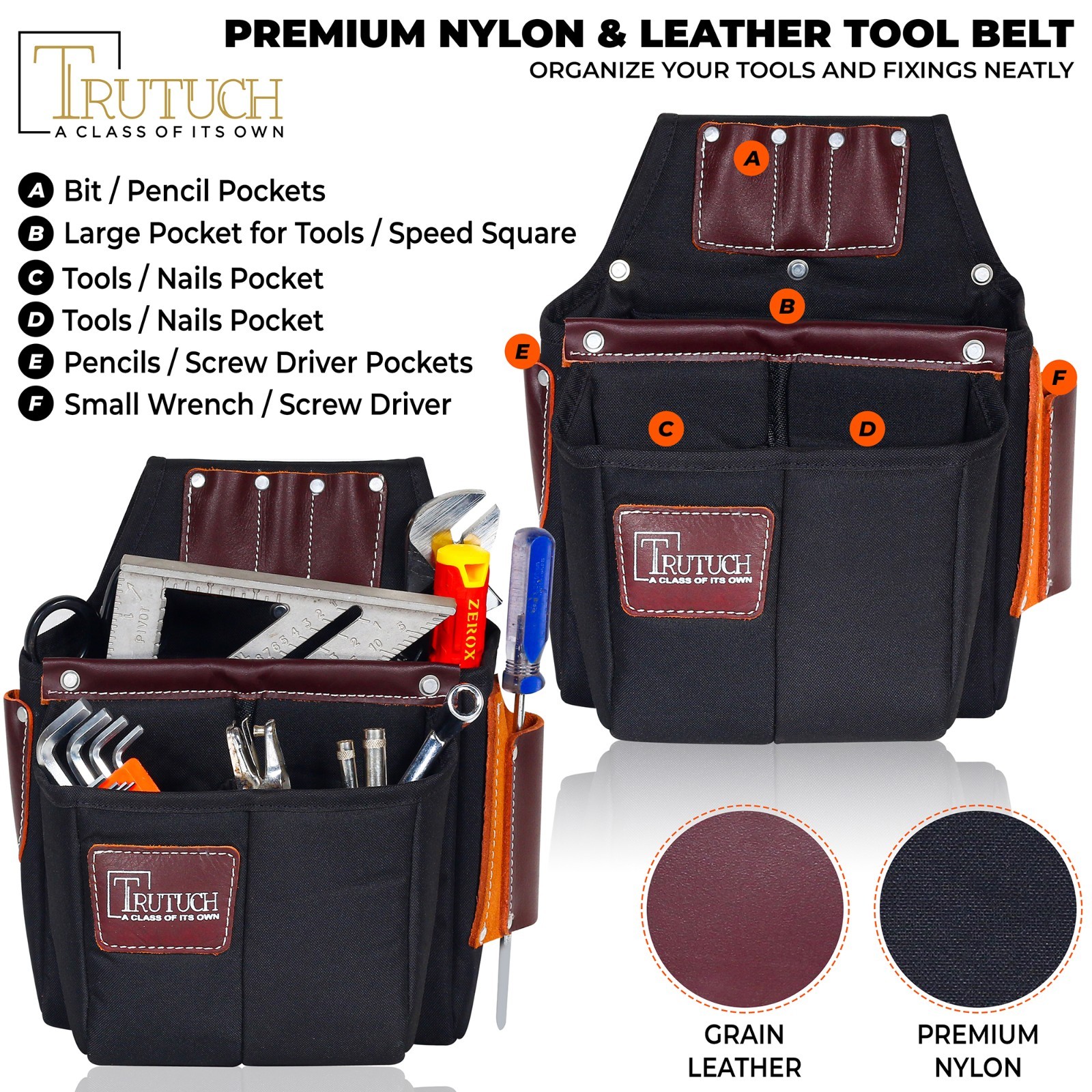 TRUTUCH Nylon and Leather Tool Belt with Leather Work Suspender | Construction