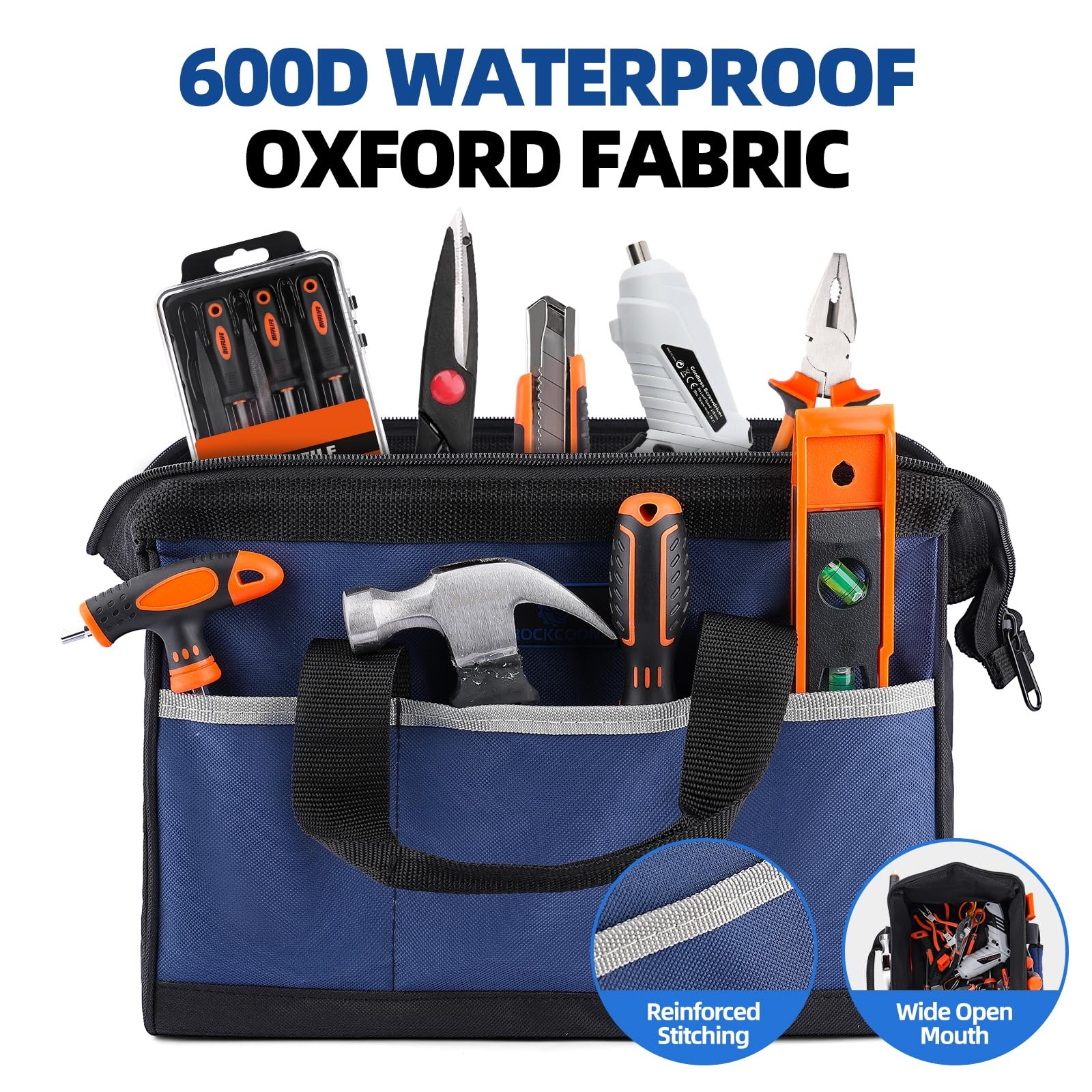 Blue Black 13 Inch Wide Mouth Tool Bag Organizer Heavy Duty Waterproof