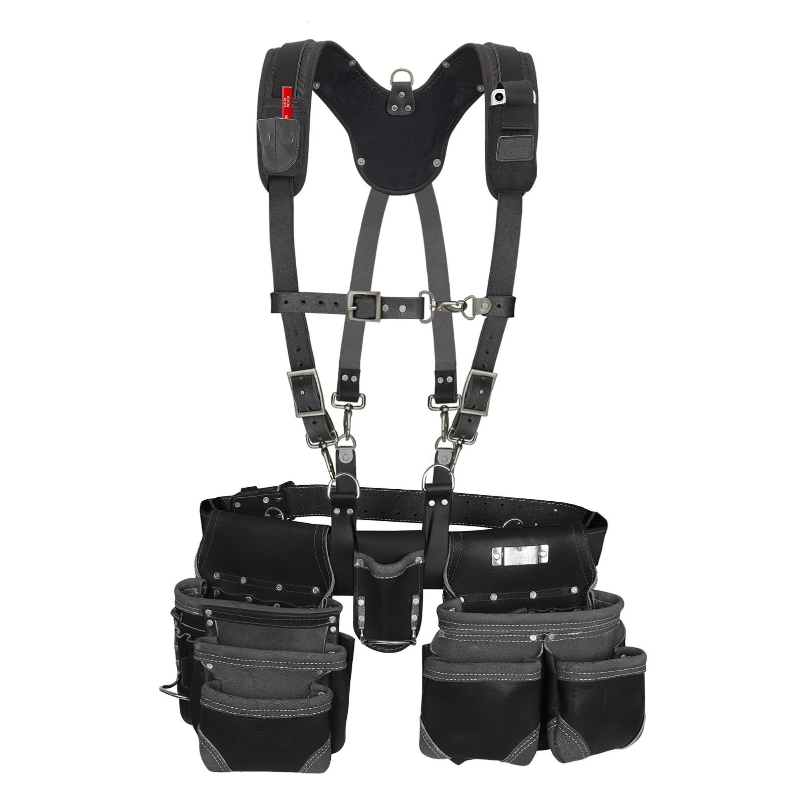 Trutuch Black Leather Tool Belt with Suspender | 18 Pockets | Framers Tool Belt