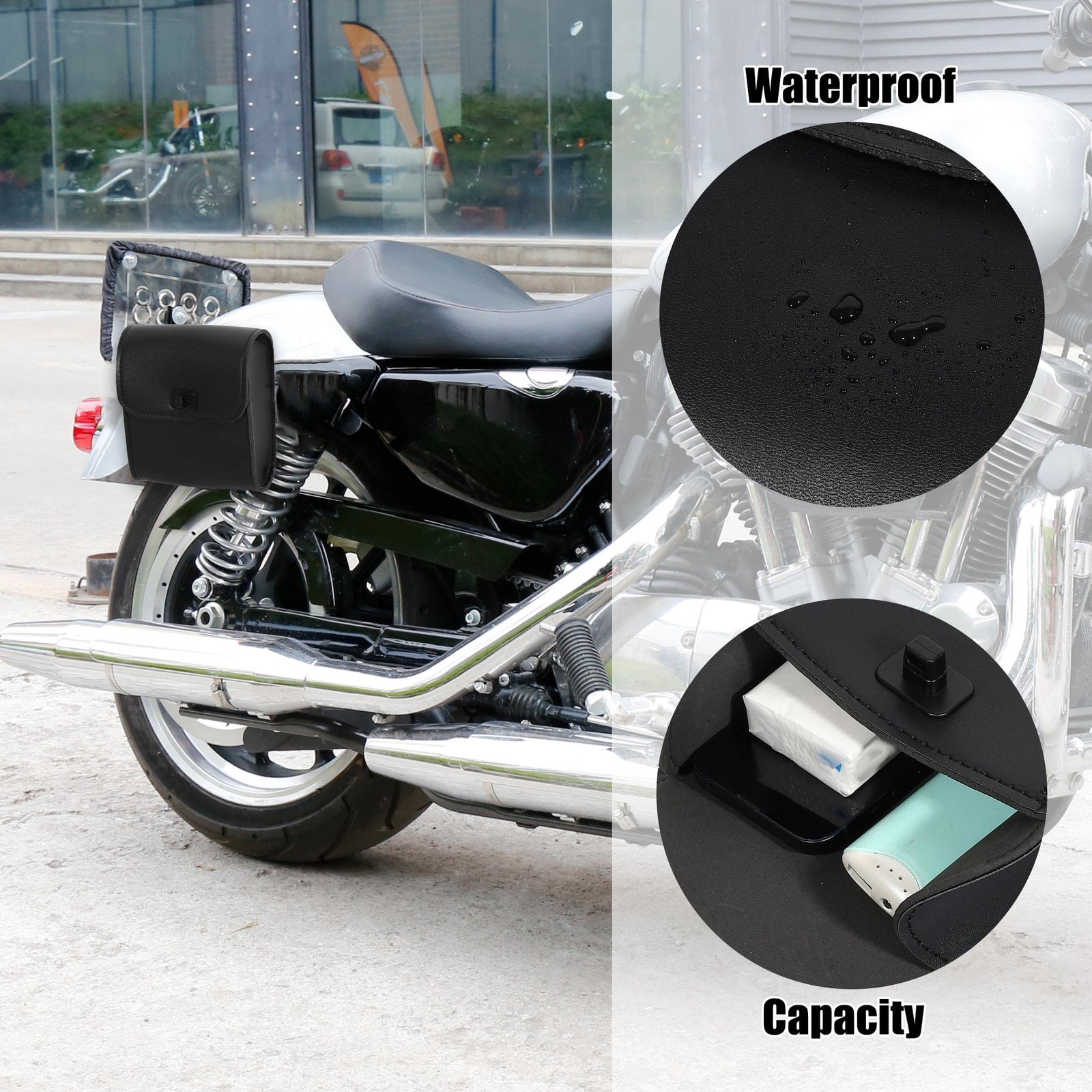 Motorcycle Tool Bag Handlebar Luggage Faux Leather Black 6.30×3.54×7.28 Inch