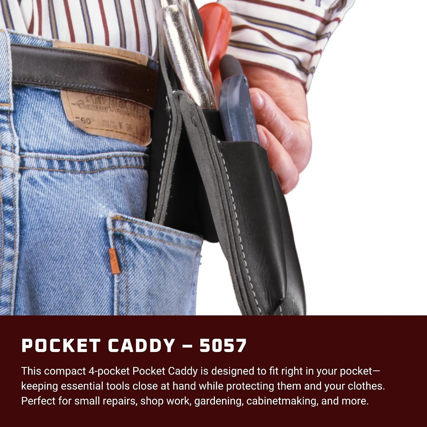 Black Leather Pocket Caddy with 4 Tool Holders – Lightweight & Versatile Utility