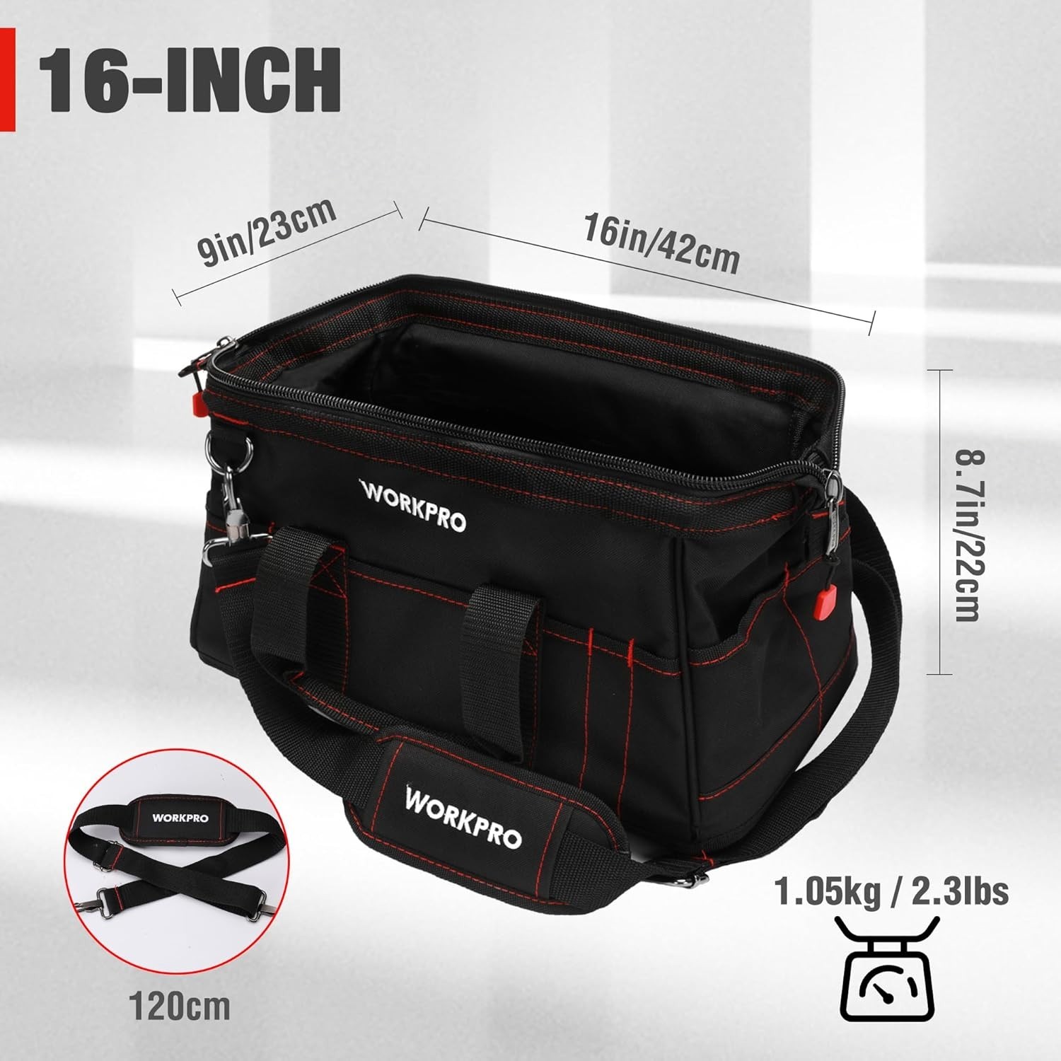 16-Inch Wide Mouth Tool Bag – Waterproof Rubber Base & Padding
