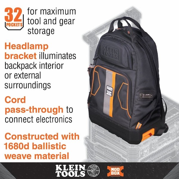 Klein Tools 62201Mb Tool Backpack, Black/Orange, 1680D Ballistic Weave Body;