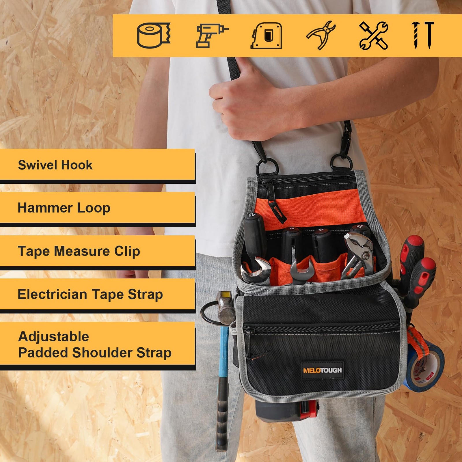 MELOTOUGH Electrician Tool Pouch Bag with Shoulder Strap 20 One size, BLACK