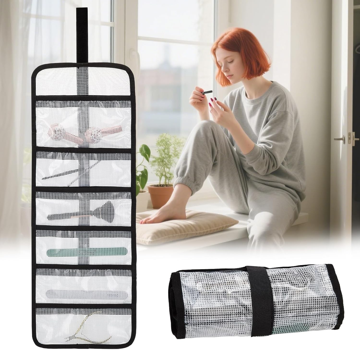 Small Roll Up Tool Storage Bag 6 Pocket Organizer Transparent Travel