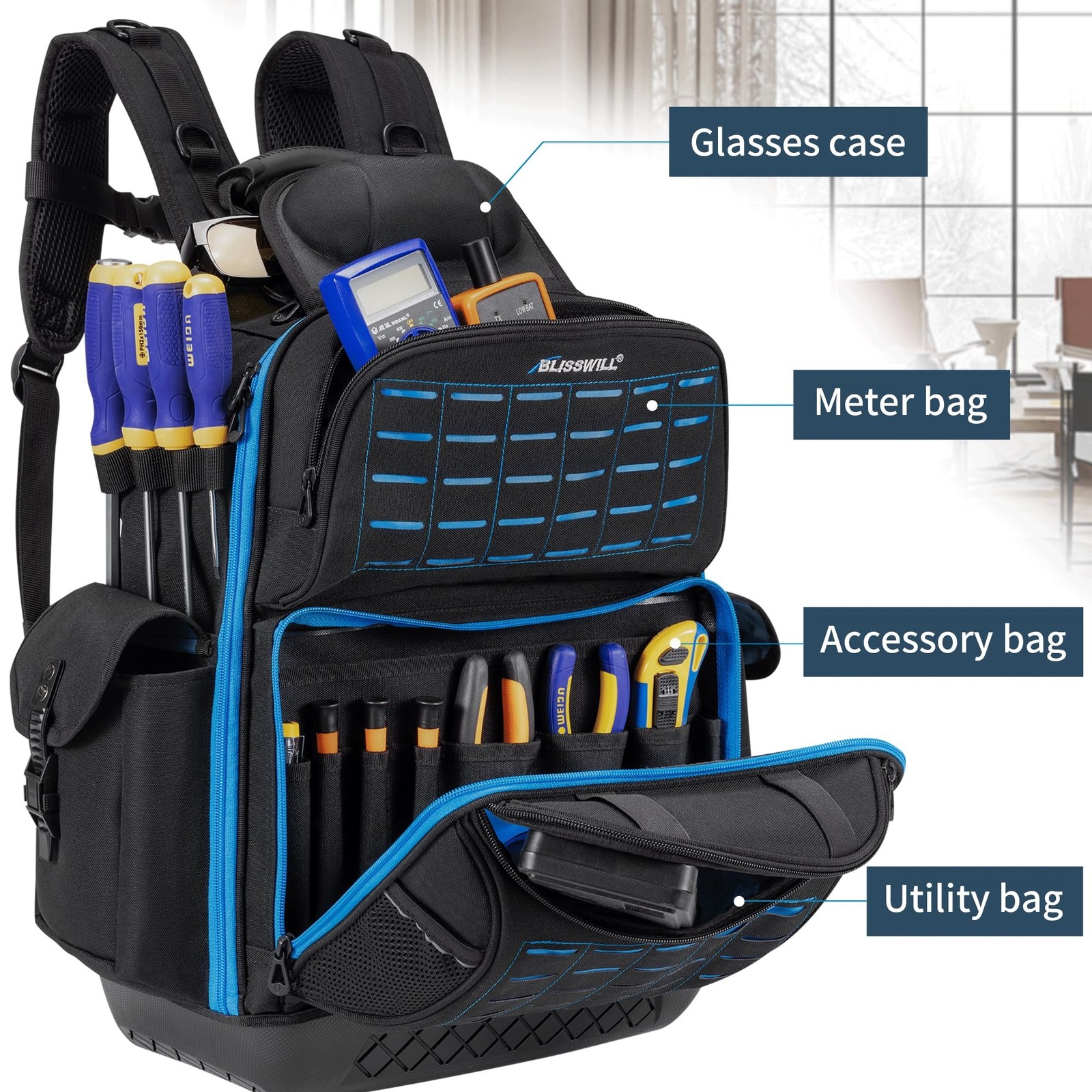 BLISSWILL Tool Backpack Heavy Duty Tool Bag Men Waterproof Molded Base 62