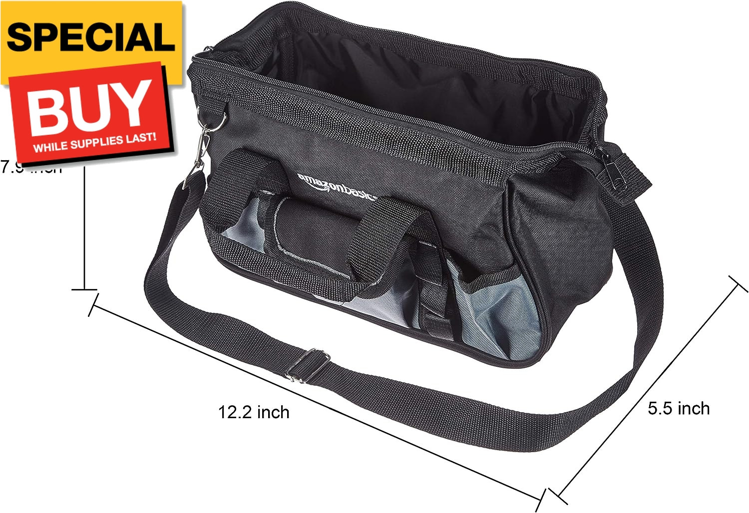 Durable Wear-Resistant Base, Tool Small Standard Bag with Strap, 12 Inch, Black