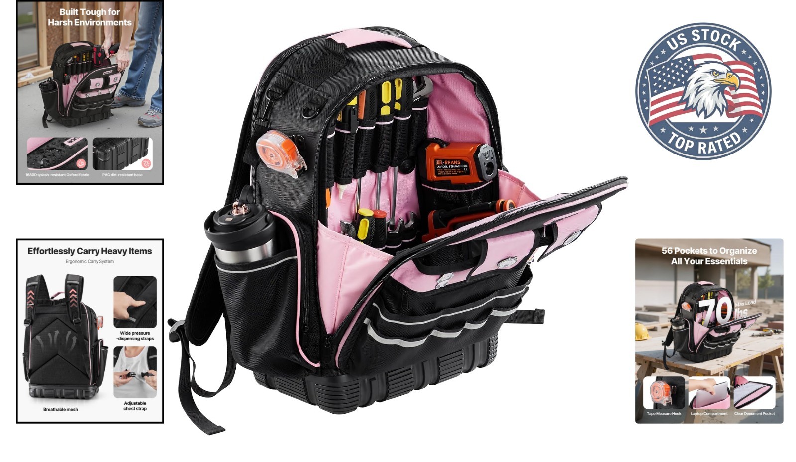 56-Pocket Tool Backpack – Stylish Electrician Organizer with Laptop Compartment