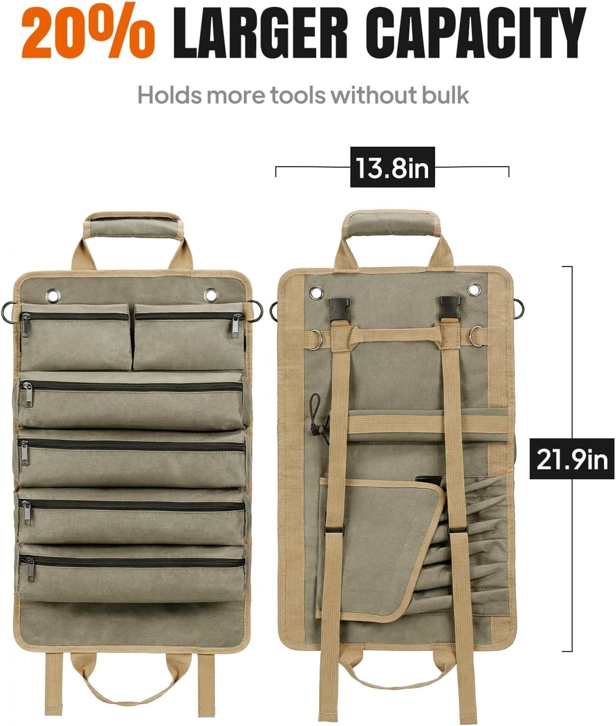 Professional Tool Roll Organizer with Detachable Pouches, Large & Rugged 21.9”