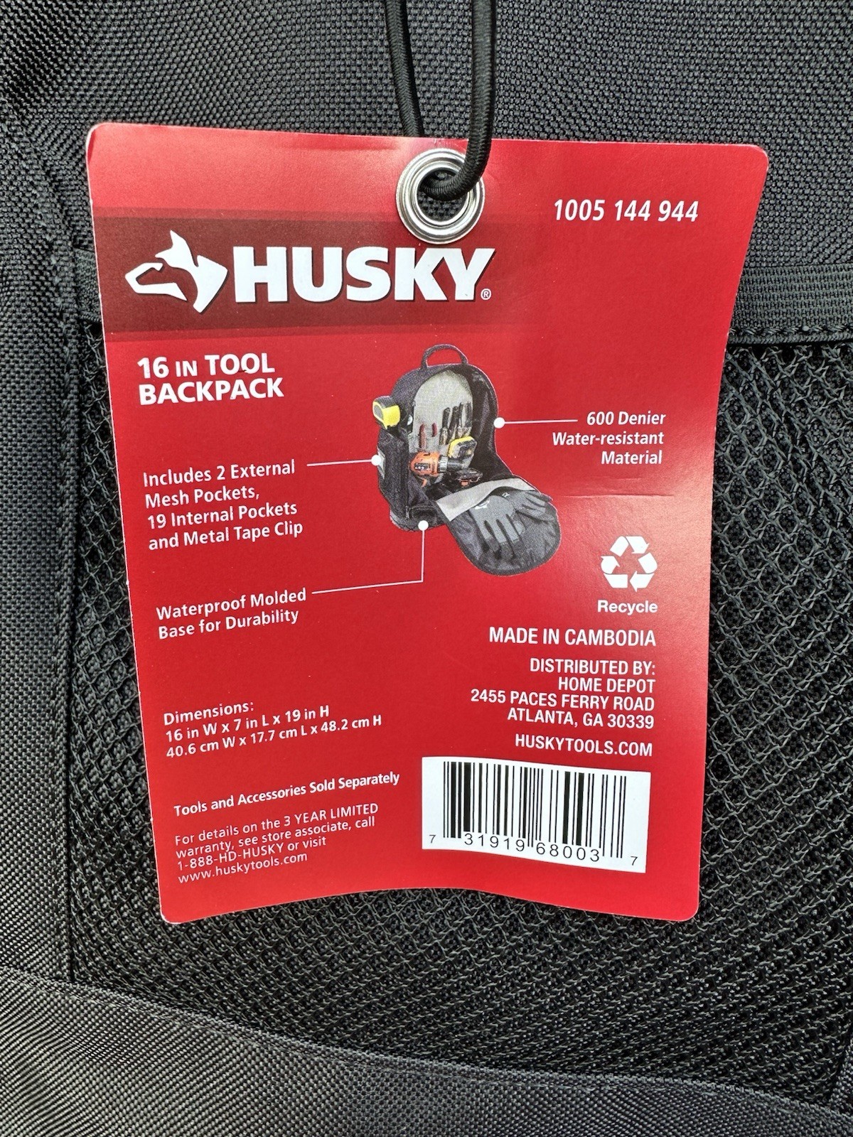 Husky 16 in. Tool Backpack Water Resistant 19 Internal Pockets Organize Tools