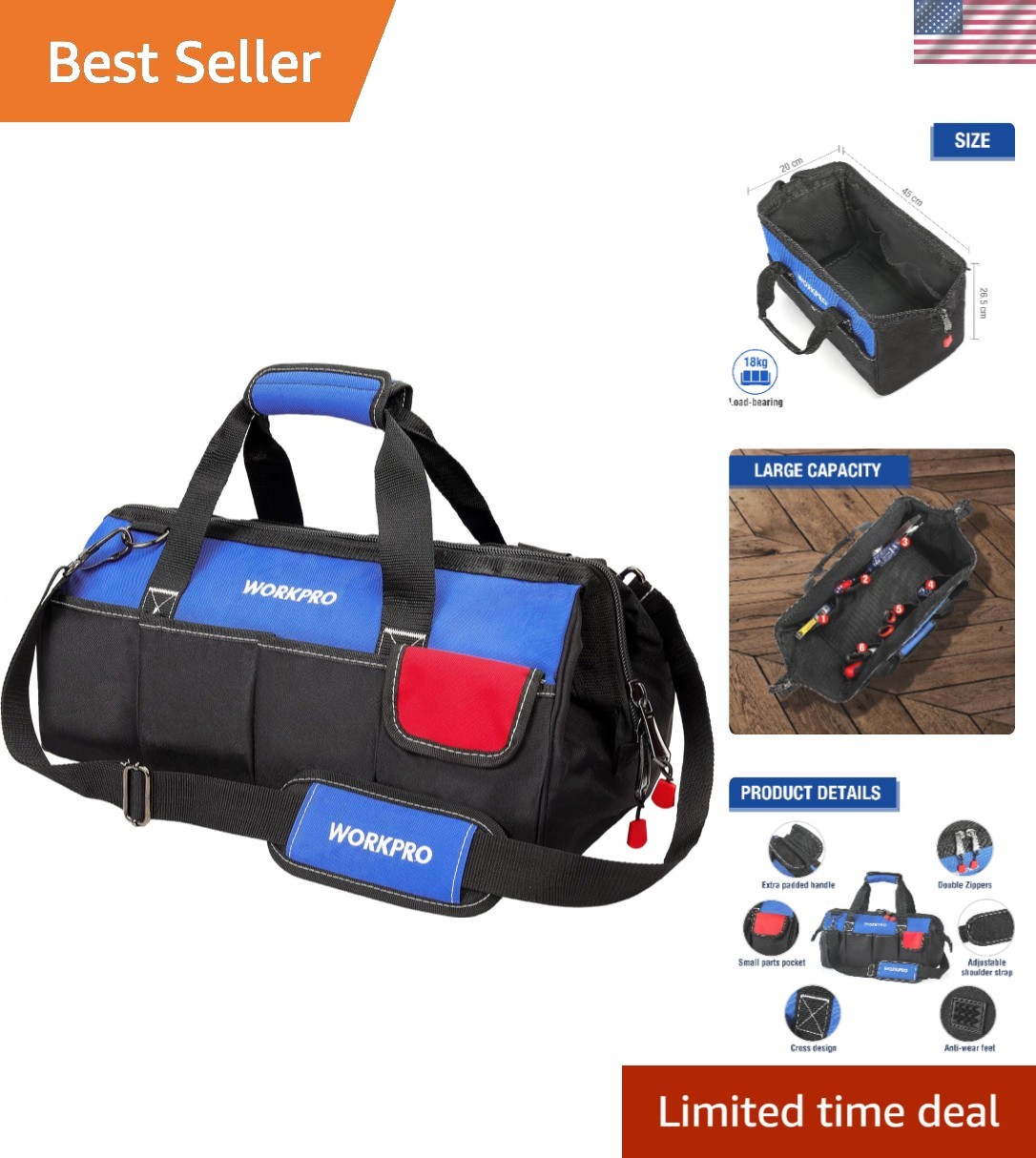 Durable 18-Inch Tool Bag with Reinforced Handle & Easy Access Compartments