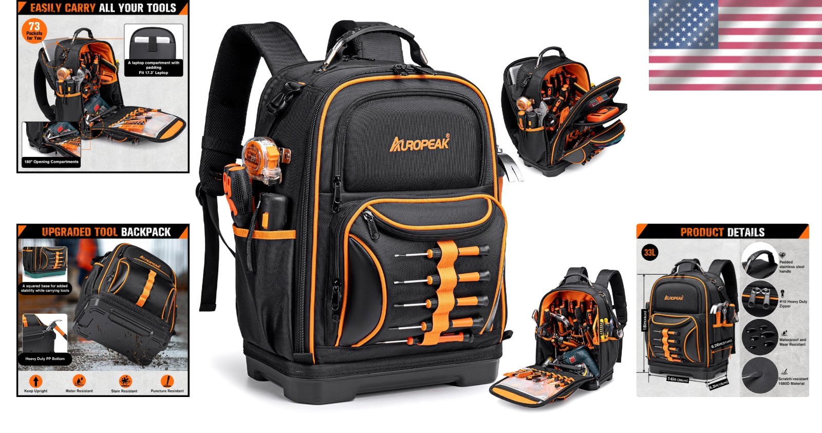 Durable Waterproof 73 Pocket Tool Backpack with Laptop Compartment – Heavy Duty