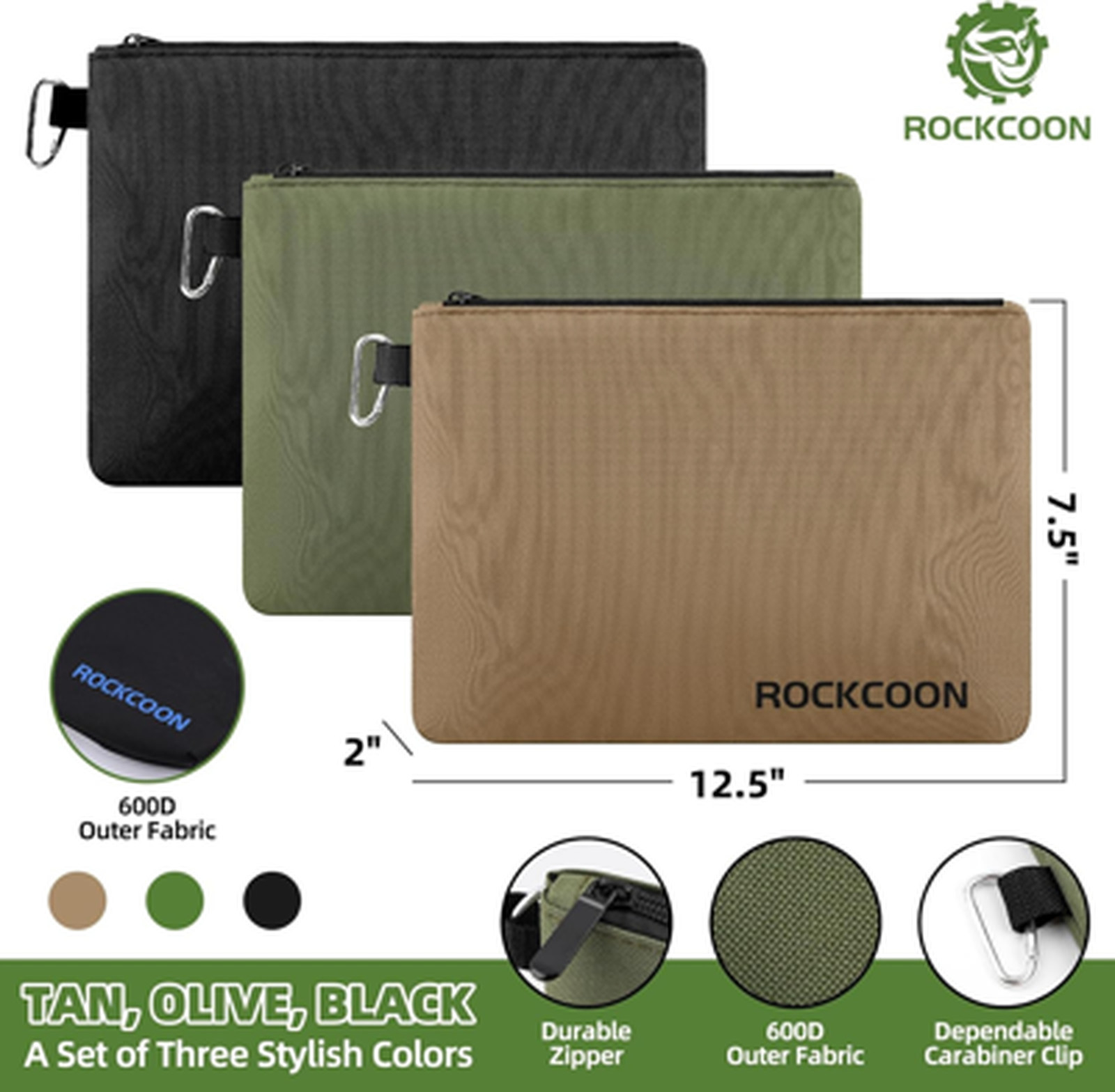 3 Pack Waterproof Zipper Pouch, Tool Organizer Bag with Liner Pocket, Durable