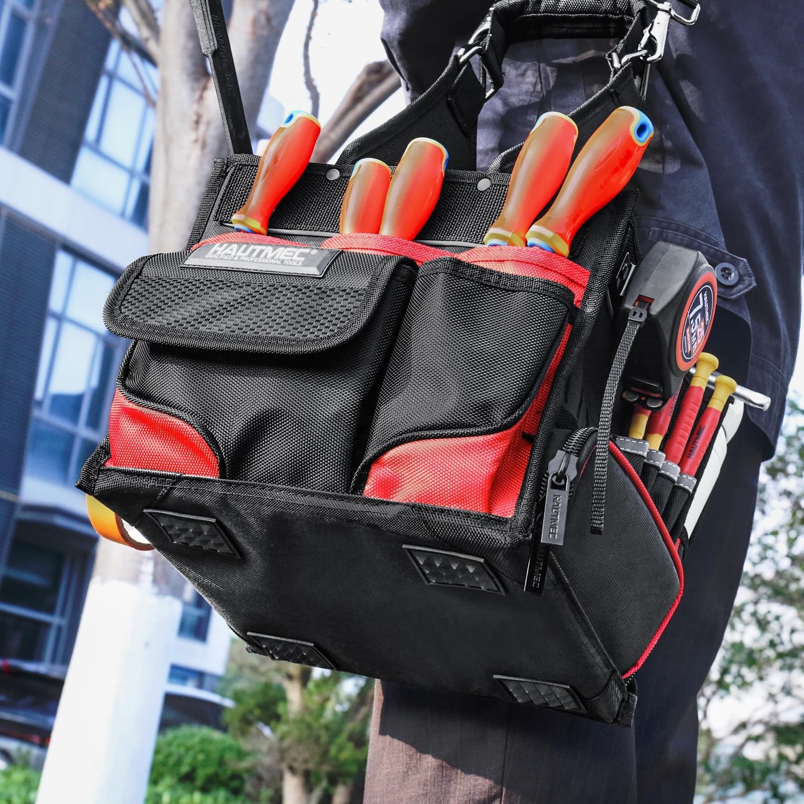 HAUTMEC Heavy Duty Electrician Tool Bag with Removable Parts Tray, 37-Pocket …