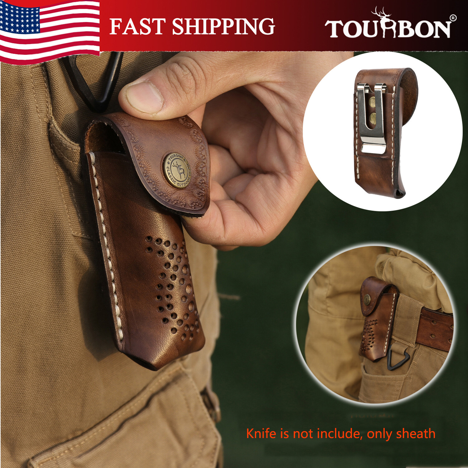 Tourbon Real Leather Fold Knief Sheath Pouch Tool Belt Loop Case Hunting Camping