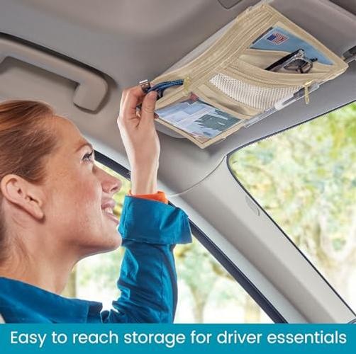 Car Visor Organizer with Zippered Pockets, Sunglasses Sleeve and Clear Tan