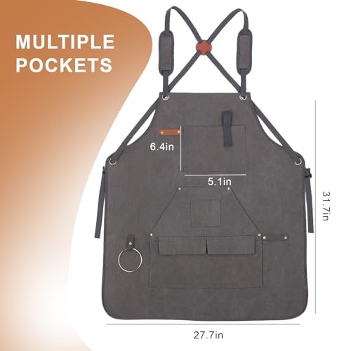 Men’s Canvas Tool Apron, Heavy Duty Multi-Pocket Work Apron for Grey